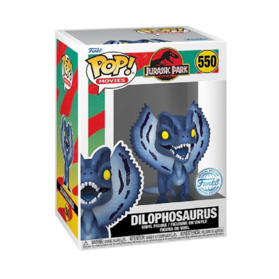 Figura Funko Pop! Dilophosaurus Jurassic Park vinil azul em caixa branca com detalhes vermelho e verde