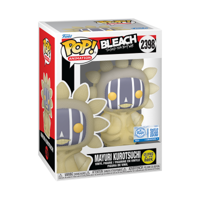 Figura Funko Pop Mayuri Kurotsuchi Bleach com embalagem branca, vermelha e preta