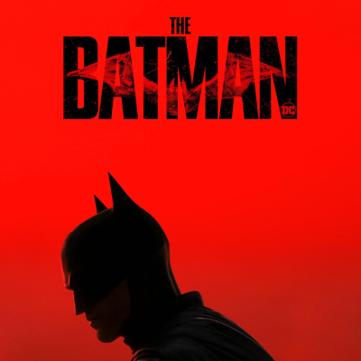 Perfil do Batman em silhueta preta sobre fundo vermelho com título THE BATMAN em letras pretas