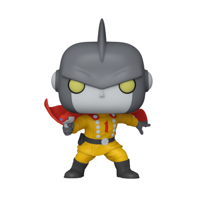 Figura Funko Pop com fato amarelo, botas pretas, capa vermelha e capacete cinzento.