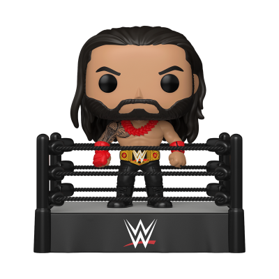 Figura Funko Pop de lutador WWE com cinturão e ringue preto com logótipo WWE