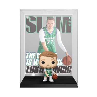 Figura Funko Pop de Luka Dončić com bola de basquetebol na embalagem com capa de revista SLAM.