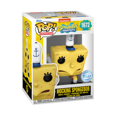 Boneco Funko Pop! Mocking SpongeBob amarelo com boné em caixa de embalagem