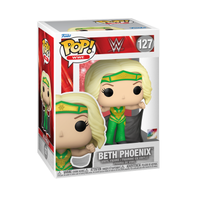 Figura Funko Pop! WWE Beth Phoenix em caixa, roupa verde e dourada