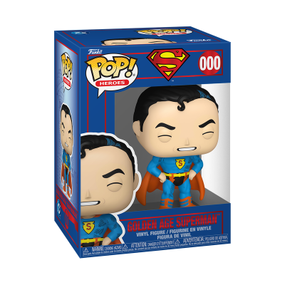 Funko Pop Golden Age Superman em caixa azul e vermelha