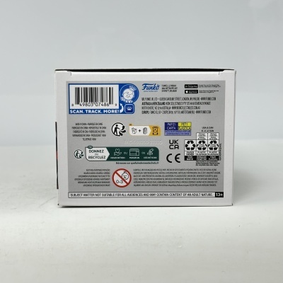 Embalagem branca com texto, reciclagem, código de barras e logo Funko