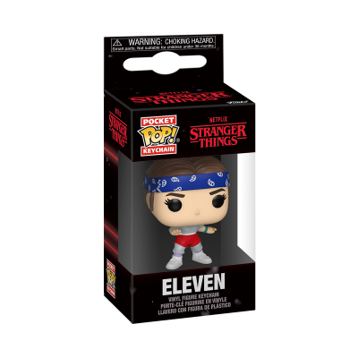 Figura Eleven Funko Pop chaveiro com embalagem preta da Stranger Things