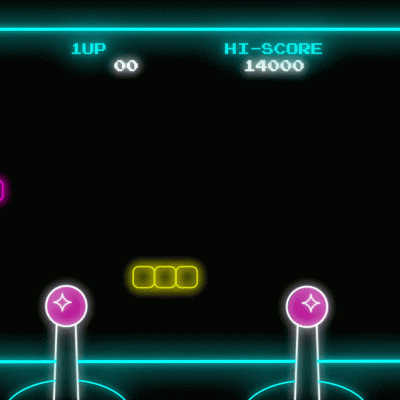 Jogo de vídeo retrô com peças de Tetris coloridas e pontuação em neon.