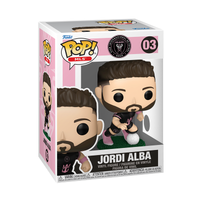 Figura Funko Pop! de Jordi Alba com uniforme preto e rosa e bola de futebol, dentro da caixa.