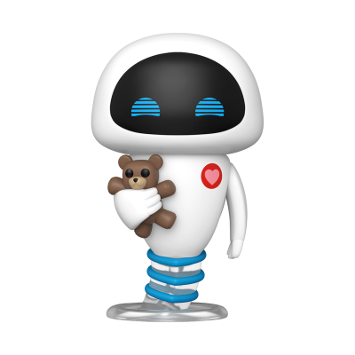 Figura de robô branco com ursinho castanho, detalhes azuis e coração vermelho