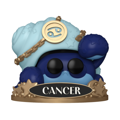 Figura decorativa de caranguejo azul com chapéu e símbolo do signo CANCER