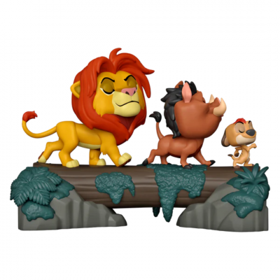 Figuras de vinil de Simba, Timão e Pumba sobre um tronco decorativo.