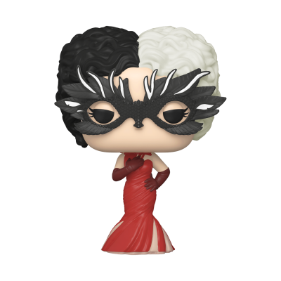 Figura Funko Pop da personagem Cruella com cabelo preto e branco, máscara preta e vestido vermelho.