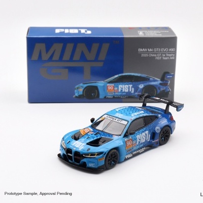 Miniatura de carro de corrida BMW M4 GT3 EVO azul com caixa de embalagem