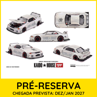 Miniatura carro Nissan Skyline GT-R branco e cinzento com texto Kaido House e Kaido Works