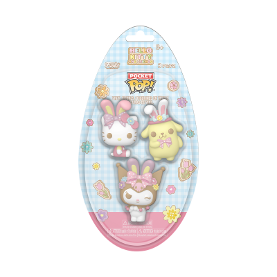 Conjunto de três figuras de vinil Pocket Pop! Hello Kitty and Friends em embalagem oval azul com flores