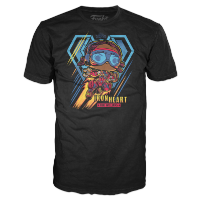 T-shirt preta com estampa colorida da personagem Ironheart Funko Pop