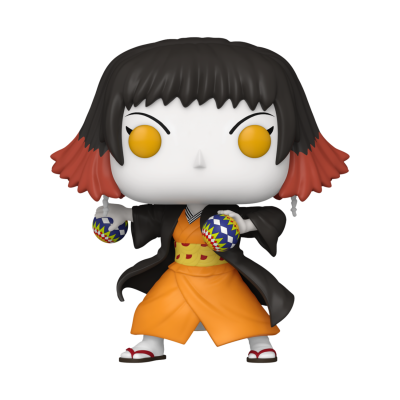 Figura Funko Pop de personagem com quimono laranja e cabelo preto com pontas vermelhas