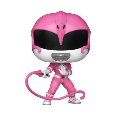 Figura Funko Pop da Ranger Rosa dos Power Rangers com capacete, uniforme e chicote cor de rosa