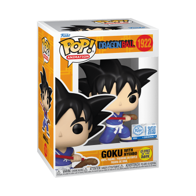 Figura Funko Pop! Goku Dragon Ball com roupa azul e faixa branca dentro da caixa