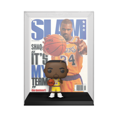 Figura Funko Pop de Shaquille O'Neal em frente a capa da revista SLAM com imagem do jogador