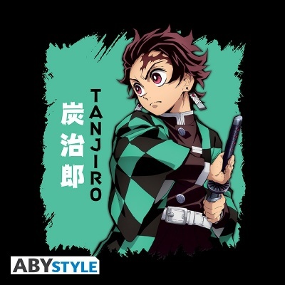 Personagem de anime Tanjiro com haori verde e preto, segurando espada, texto TANJIRO e caracteres japoneses, fundo verde