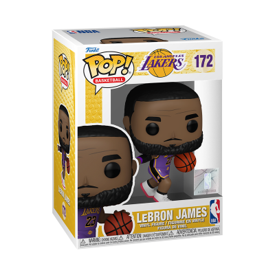 Figura Funko Pop! de LeBron James com bola de basquete em caixa.