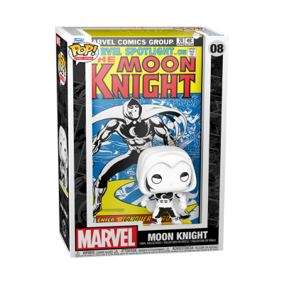 Figura Funko Pop! Moon Knight da Marvel em caixa transparente com fundo ilustrado da banda desenhada.