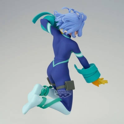 Figurina de personagem em pose de salto com fato azul e cabelo azul claro