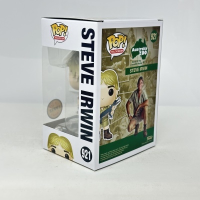 Funko Pop Steve Irwin na caixa branca com texto e imagens relacionadas