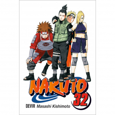 Capa do livro Naruto 32 com quatro personagens em roupas de ninja