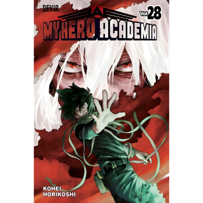 Capa do manga volume 28 de My Hero Academia com dois personagens em destaque, tons vermelhos e verdes