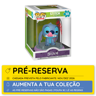 Figura Funko Pop Deluxe Stitch de vinil azul em embalagem caixa branca e verde