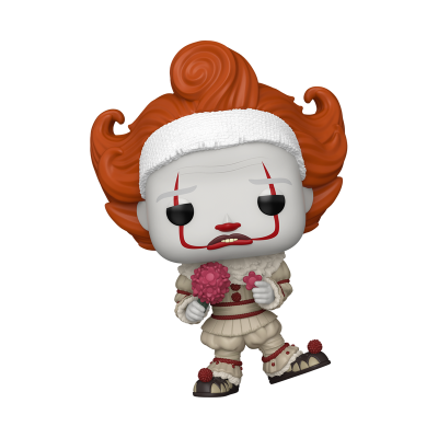 Figura colecionável Funko Pop de palhaço com cabelo laranja e roupa creme com detalhes vermelhos