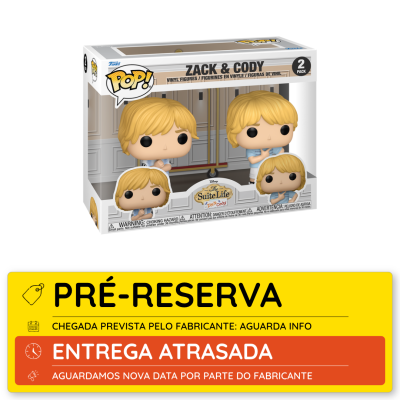 Caixa Funko Pop! Zack & Cody com aviso de pré-reserva e entrega atrasada