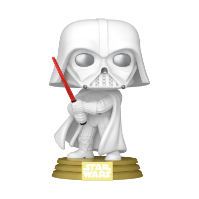 Figura Funko Pop branca de Star Wars com espada vermelha na base dourada