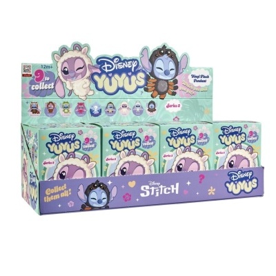 Expositor com caixas Disney Yuyus tons pastel personagens Stitch colecionáveis