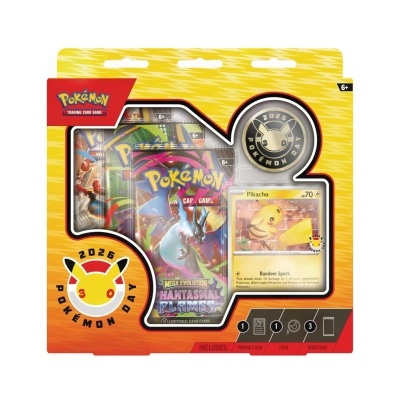 Pack de cartas Pokémon com saco de cartas Mega Evolution, carta Pikachu e moeda 2026 Pokémon Day