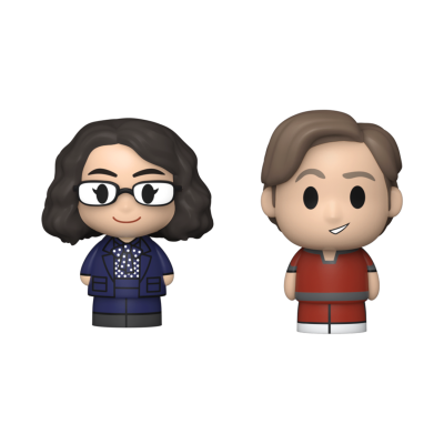 Dois bonecos colecionáveis de vinil com roupas distintas, um azul e outro vermelho.