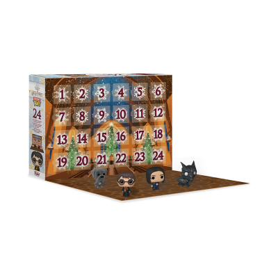 Calendário do advento com 24 caixas numeradas e três figuras de personagens em miniatura com dois cães