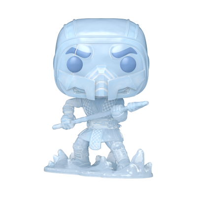 Figura Funko Pop Sub-Zero em plástico translúcido azul com lança e base de gelo