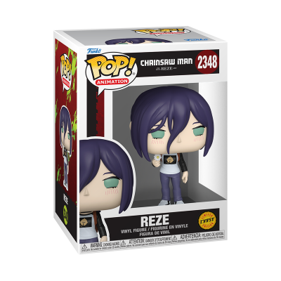 Figura Funko Pop! Reze vinil com cabelo roxo e olhos verdes em caixa com texto Chainsaw Man 2348