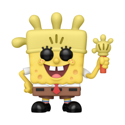Figura de brinquedo do Bob Esponja amarelo com calções castanhos e gravata vermelha.