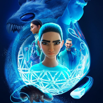 Ilustração digital com personagens animadas futuristas em tons azuis