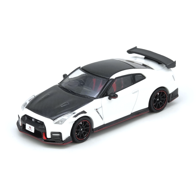 Miniatura de carro desportivo branco com detalhes em carbono e jantes negras com vermelho