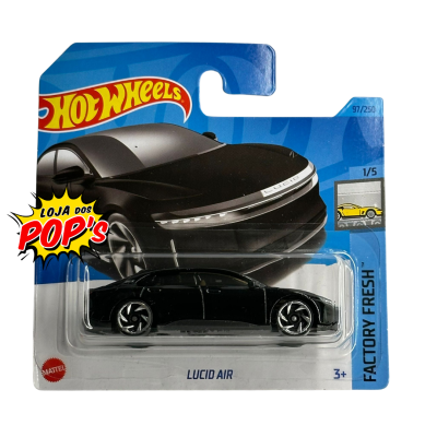 Miniatura de automóvel preto Hot Wheels Lucid Air em embalagem azul
