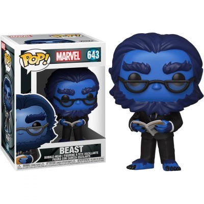 Funko Pop! Beast azul com óculos e fato preto segurando livro, na caixa Marvel 643