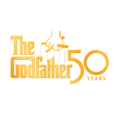 Logótipo dourado de The Godfather com mão tipo marioneta e texto 50 YEARS.