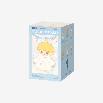 Embalagem azul claro para brinquedo DIMOO WORLD com personagem amarelo e branco.