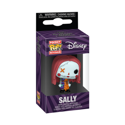 Chaveiro vinil Disney Sally com cabelo vermelho e roupa laranja em embalagem roxa